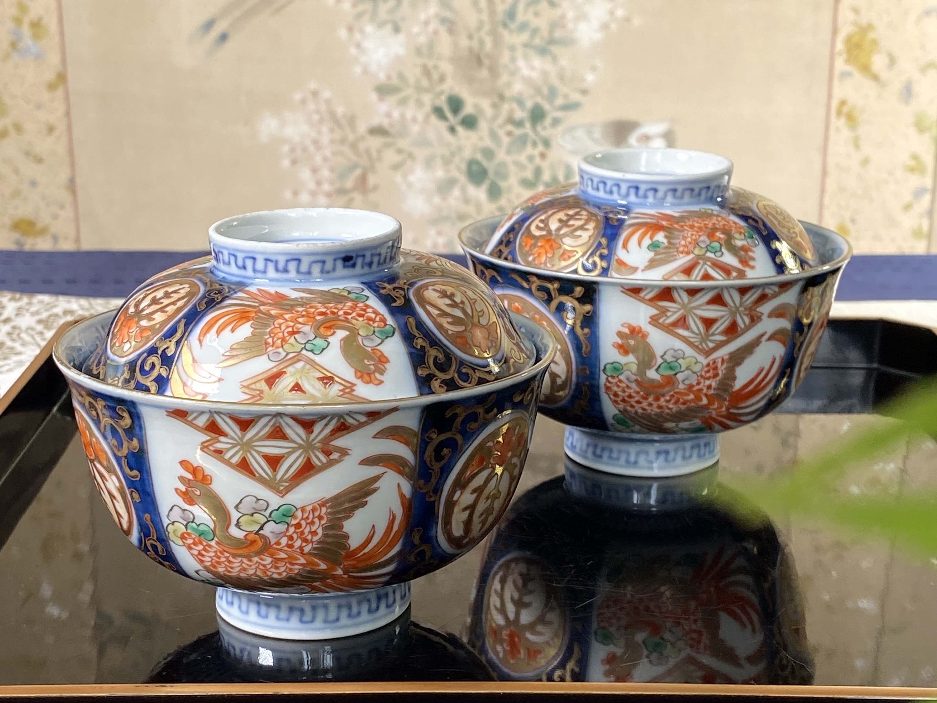明治伊万里 色絵金彩 鳳凰に桐文 蓋付ご飯茶碗